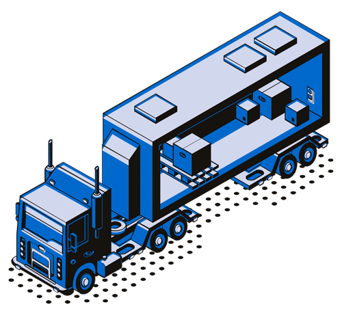 McCollisters Isometric illustration of a semi-truck with a cutaway view of its trailer, showing several boxes and packages neatly arranged inside. The image uses a blue and gray color scheme.