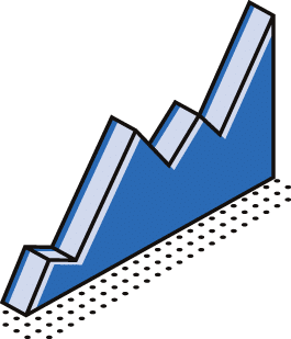 McCollisters A stylized, blue, upward-trending graph with sharp peaks and valleys on a dotted base, representing growth or progress.