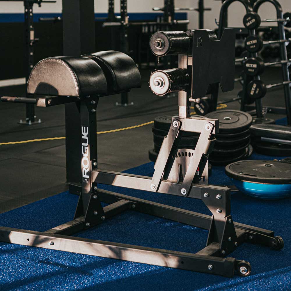 McCollisters A Rogue GHD (Glute Ham Developer) machine sits on a blue gym floor, surrounded by weight plates and other fitness equipment in a well-lit gym.