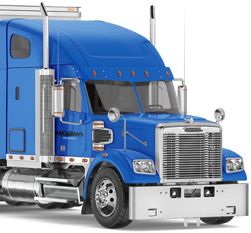 McCollisters A bright blue semi-truck with chrome accents, large side mirrors, and tall exhaust pipes is shown from the front left side. The truck features McCollisters Transportation Group written on the door.