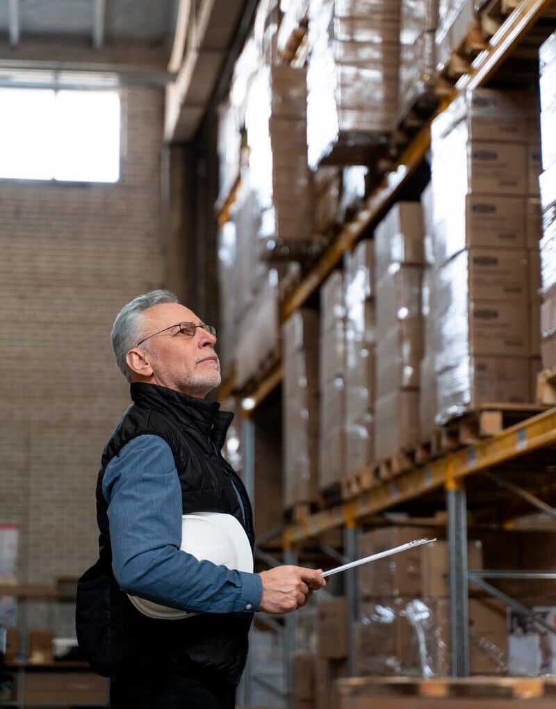 A man with gray hair and glasses, wearing a vest and holding a white hard hat and clipboard, looks up at stacked boxes on tall warehouse shelves.