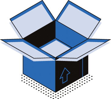 McCollisters A blue and black open cardboard box with flaps spread out, featuring an upward arrow symbol on the side. The box sits on a dotted, shadowed surface.