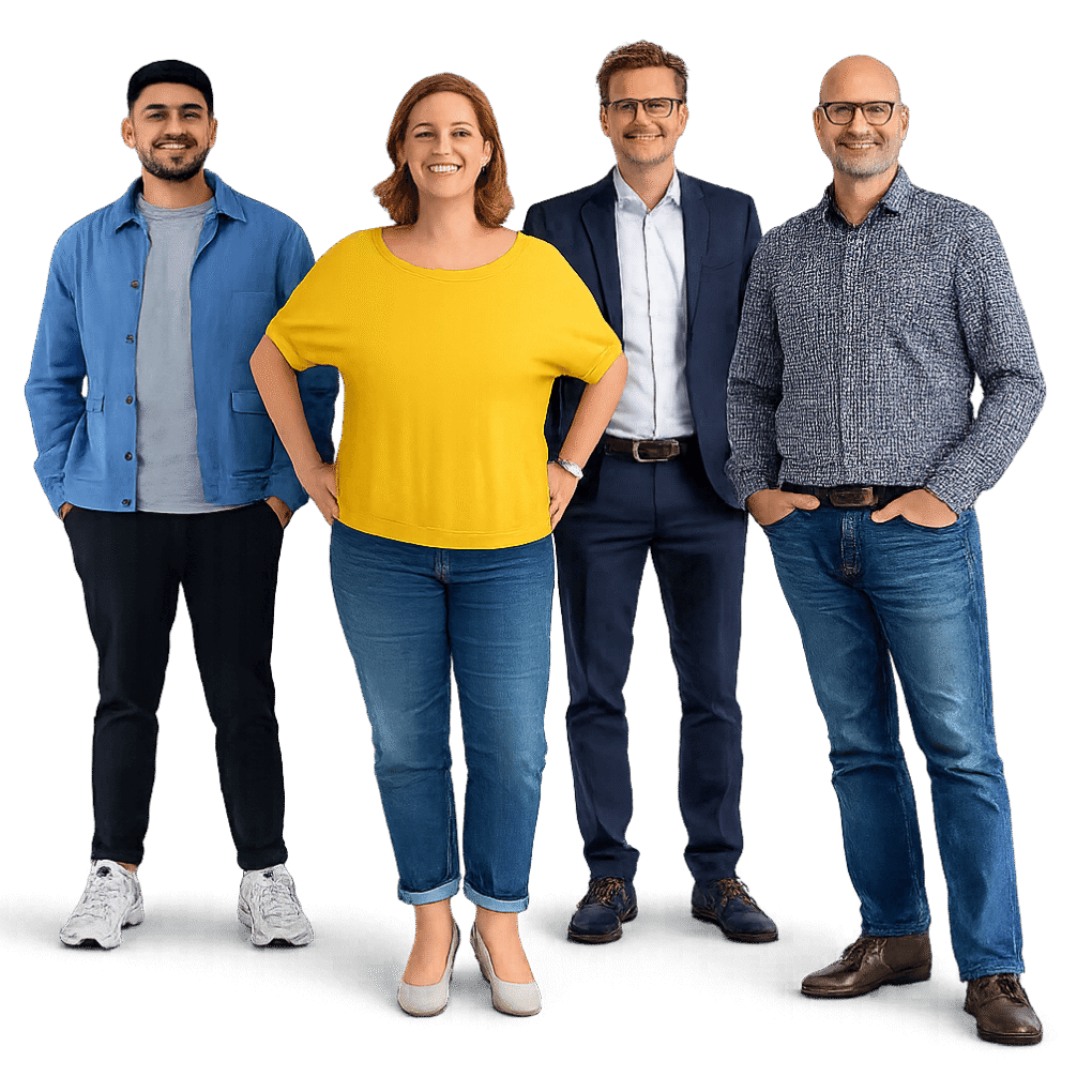 Four adults stand together against a plain white background, smiling. They are dressed in casual and business attire, including jeans, a yellow shirt, a suit, and a jacket, representing a diverse group.