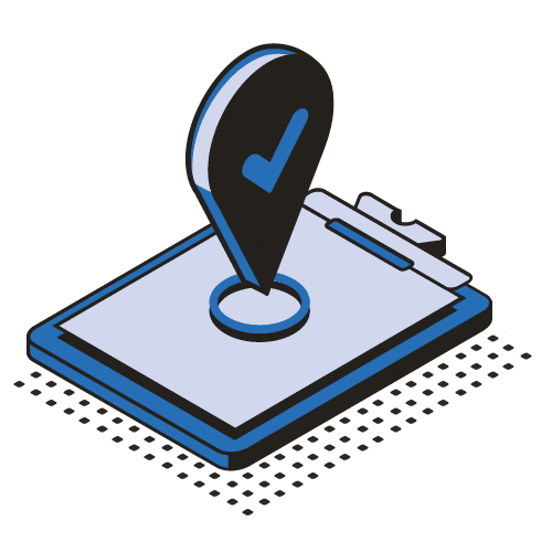 An illustration of a tablet device with a map pin featuring a checkmark on its screen, symbolizing location confirmation or navigation.