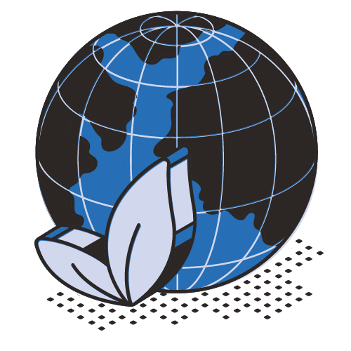Illustration of a blue and black globe with two large leaves in the foreground, symbolizing environmental conservation or global sustainability.