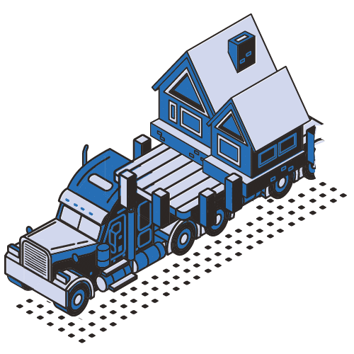 An isometric illustration of a large truck transporting a house on its trailer, depicted in shades of blue and black on a white background—perfect for representing Household Relocation.