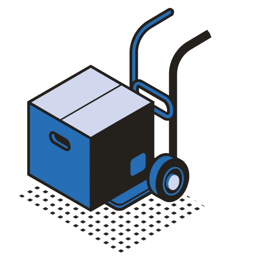Illustration of a hand truck (dolly) carrying a large blue and black cardboard box, placed on a dotted surface.