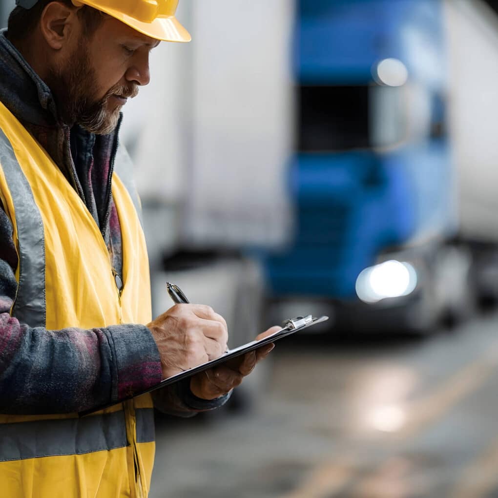 Logistics worker performing a safety inspection and completing a transportation checklist near commercial trucks.
