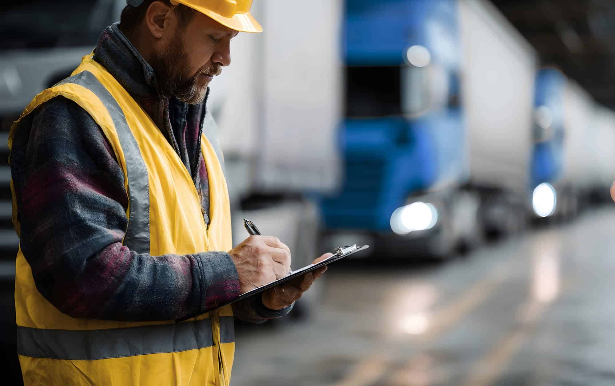 Logistics worker performing a safety inspection and completing a transportation checklist near commercial trucks.