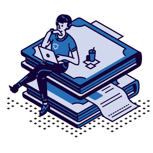 Illustration of a person sitting on stacked large books, working on a laptop with a drink beside them and papers coming out from beneath the books—evoking the planning and organization behind residential relocation. The color scheme is blue and white.