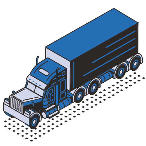 Isometric illustration of a blue and black semi-truck with a large trailer, shown on a dotted surface, facing left on a white background.