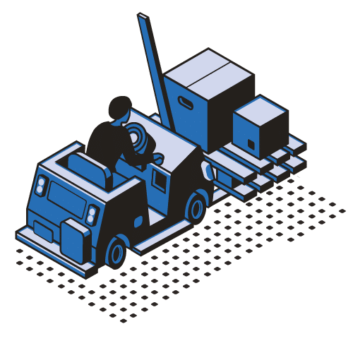 Illustration of a person operating a forklift, moving stacked boxes on a pallet. The image uses shades of blue and black with a dotted pattern on the ground.